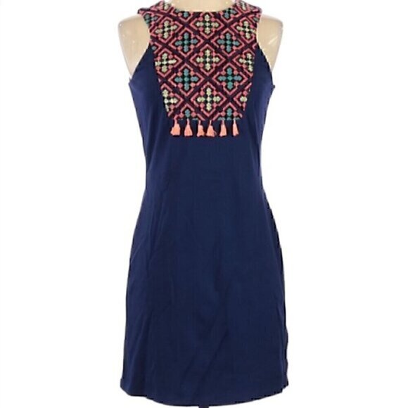GIANNI BINI Navy Blue Pink Embroidered Boho Sleeveless Preppy Sheath Dress XS - Picture 1 of 7